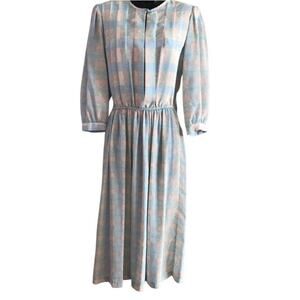 Vintage Jonathan Martin Dress, 1980s Light Blue Plaid Casual Dress Size Medium
